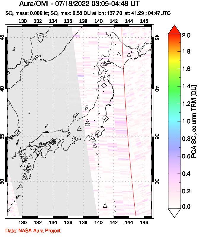 A sulfur dioxide image over Japan on Jul 18, 2022.
