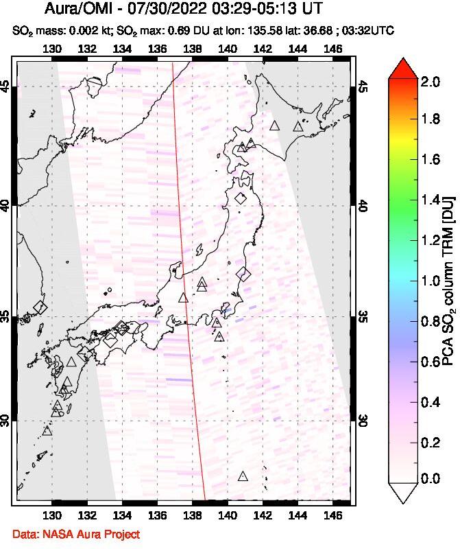 A sulfur dioxide image over Japan on Jul 30, 2022.