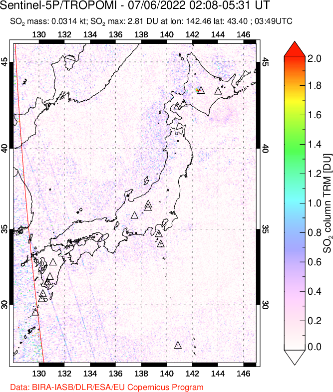 A sulfur dioxide image over Japan on Jul 06, 2022.