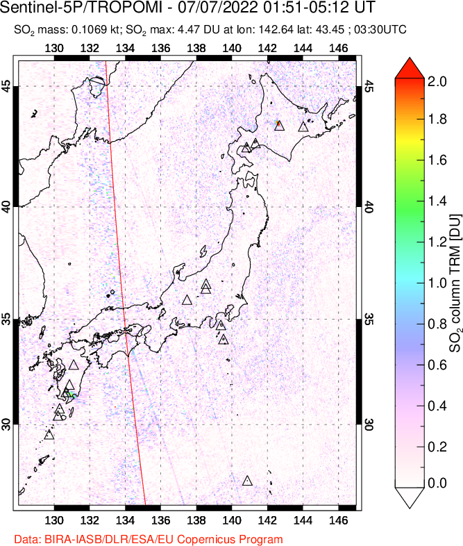A sulfur dioxide image over Japan on Jul 07, 2022.