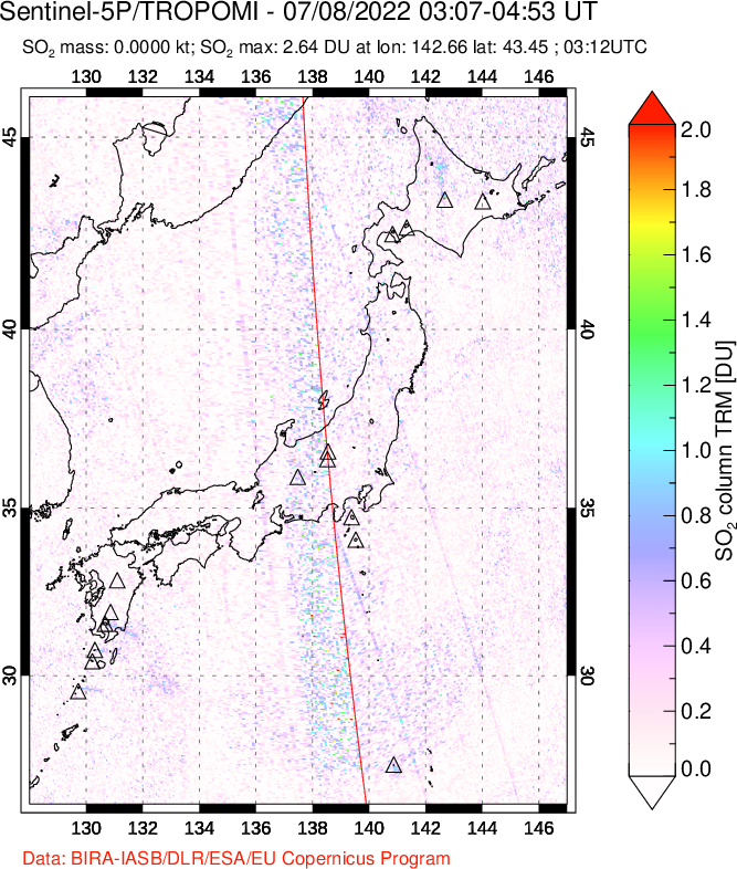 A sulfur dioxide image over Japan on Jul 08, 2022.