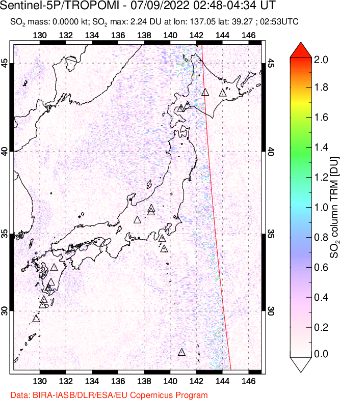 A sulfur dioxide image over Japan on Jul 09, 2022.