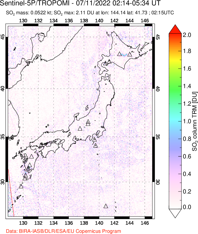 A sulfur dioxide image over Japan on Jul 11, 2022.
