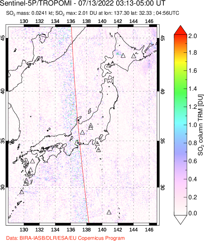 A sulfur dioxide image over Japan on Jul 13, 2022.