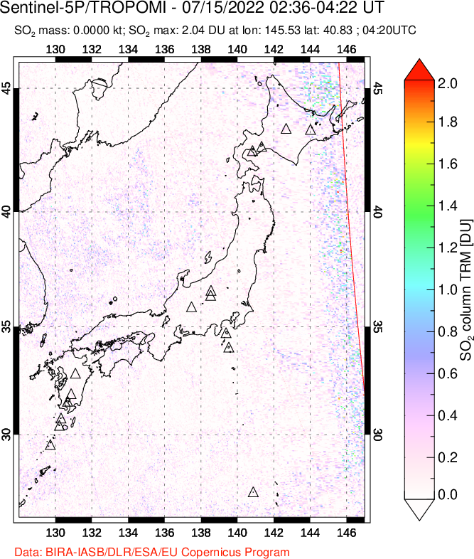 A sulfur dioxide image over Japan on Jul 15, 2022.