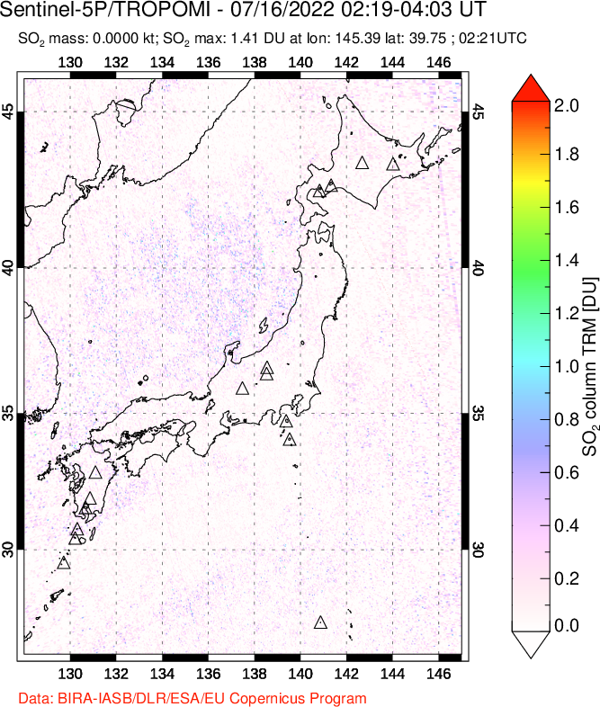 A sulfur dioxide image over Japan on Jul 16, 2022.