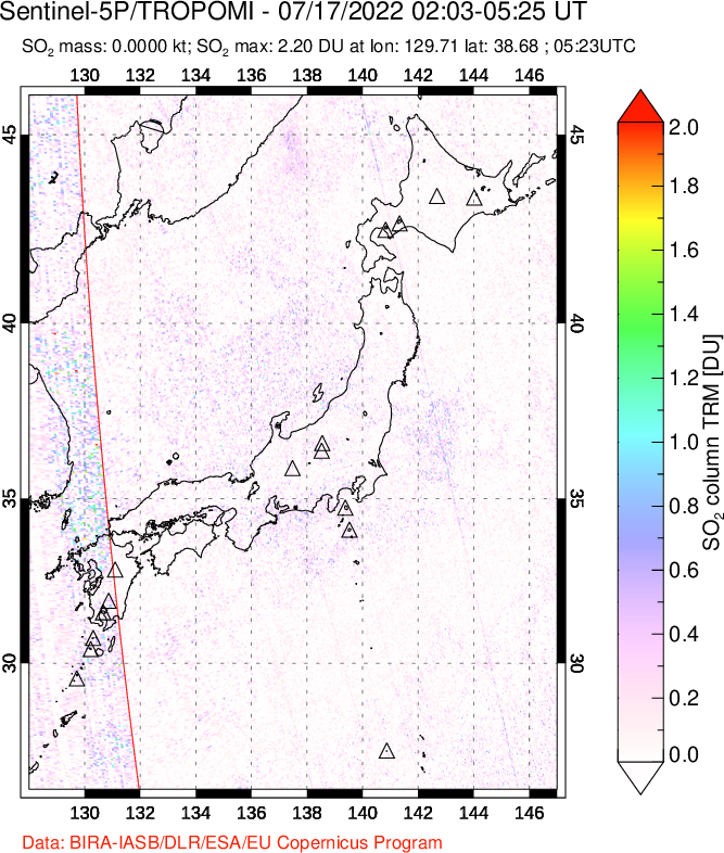 A sulfur dioxide image over Japan on Jul 17, 2022.