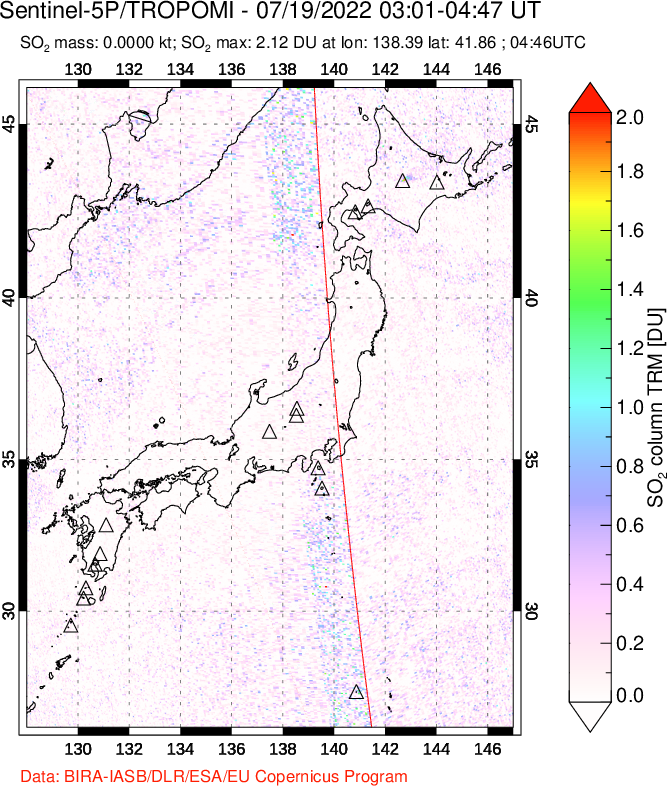 A sulfur dioxide image over Japan on Jul 19, 2022.