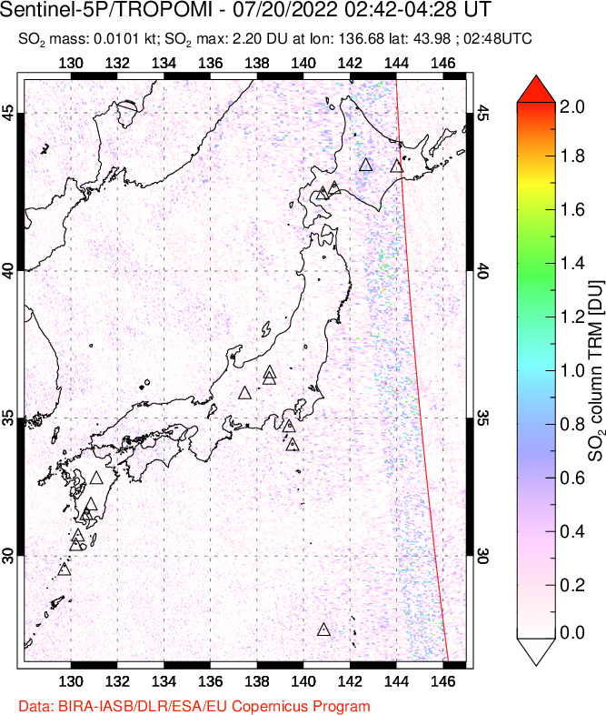 A sulfur dioxide image over Japan on Jul 20, 2022.