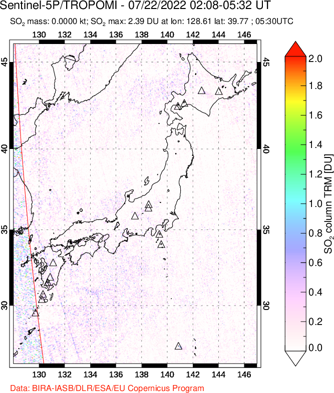 A sulfur dioxide image over Japan on Jul 22, 2022.