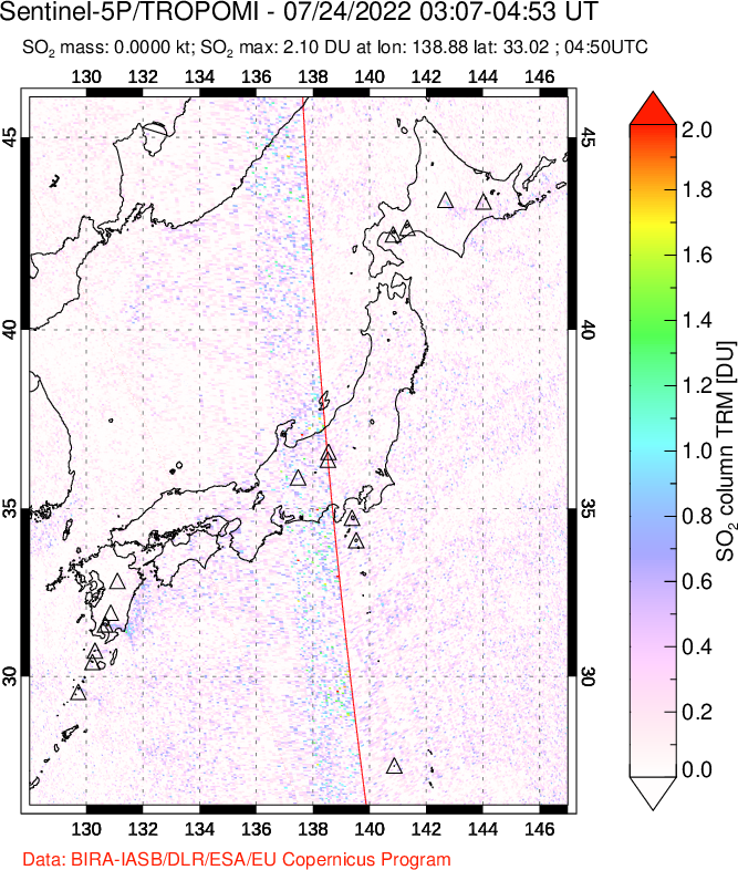 A sulfur dioxide image over Japan on Jul 24, 2022.
