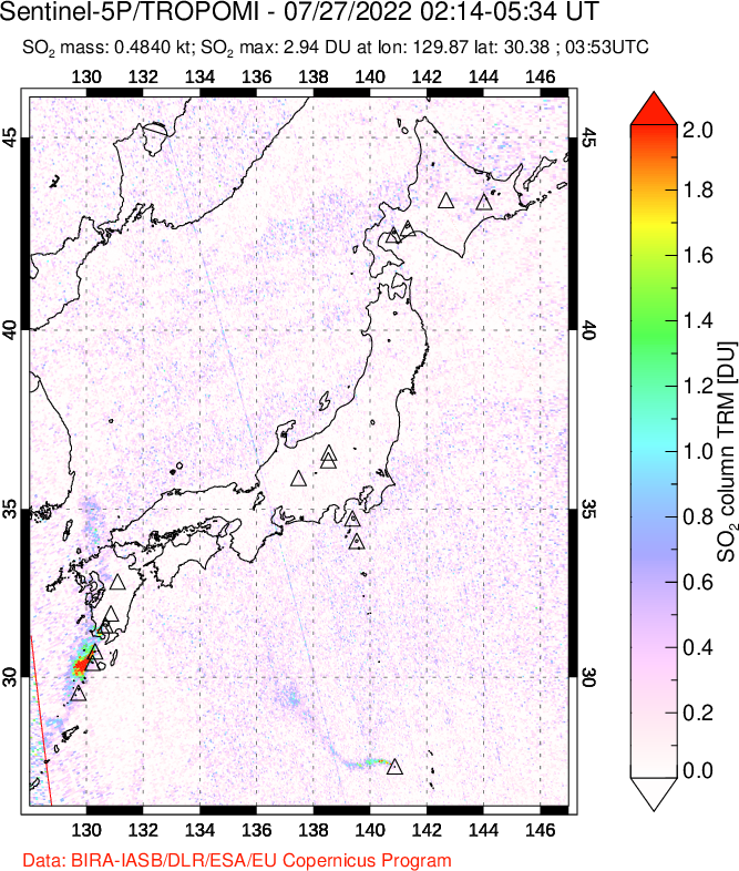 A sulfur dioxide image over Japan on Jul 27, 2022.