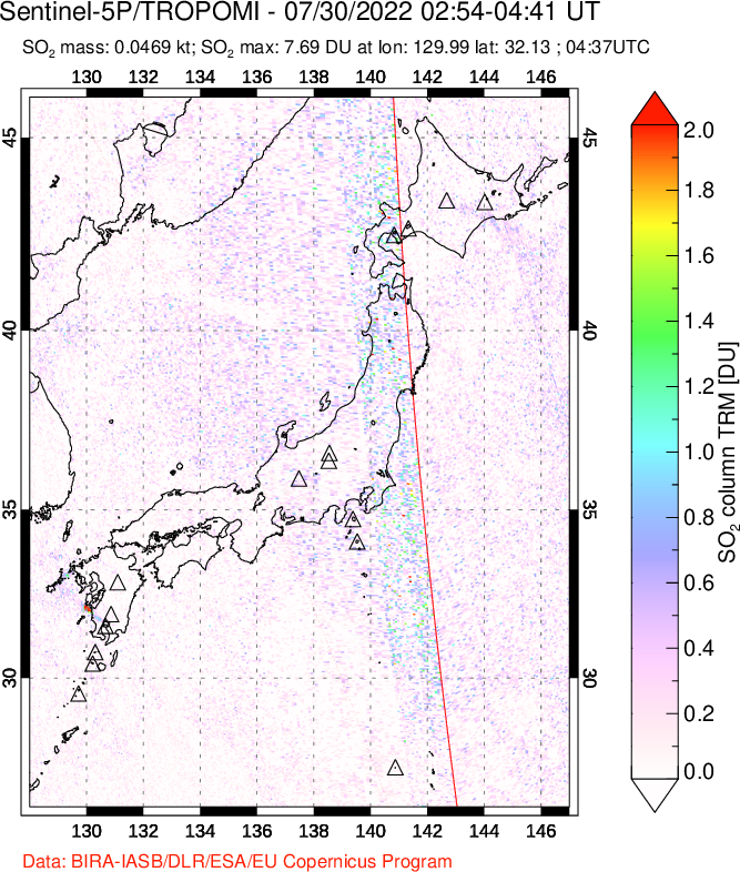 A sulfur dioxide image over Japan on Jul 30, 2022.