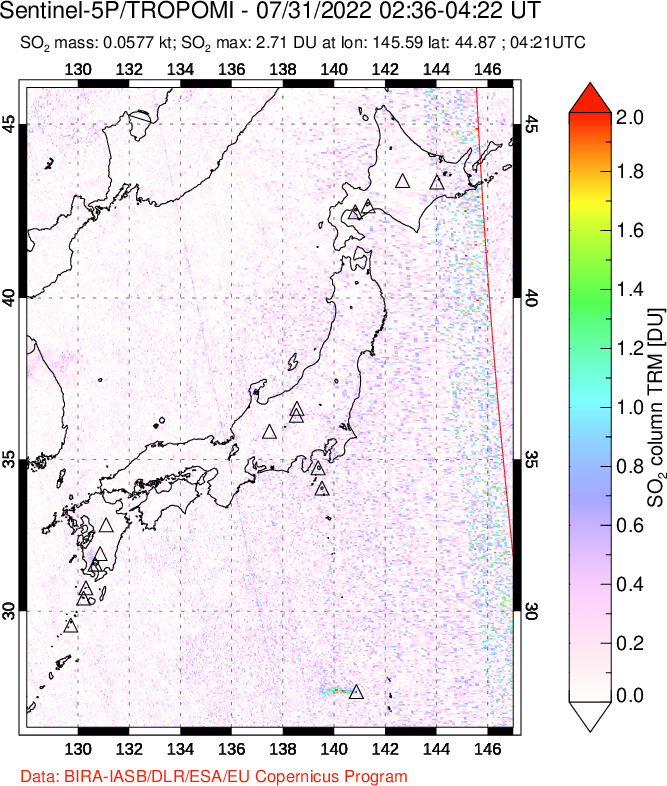 A sulfur dioxide image over Japan on Jul 31, 2022.