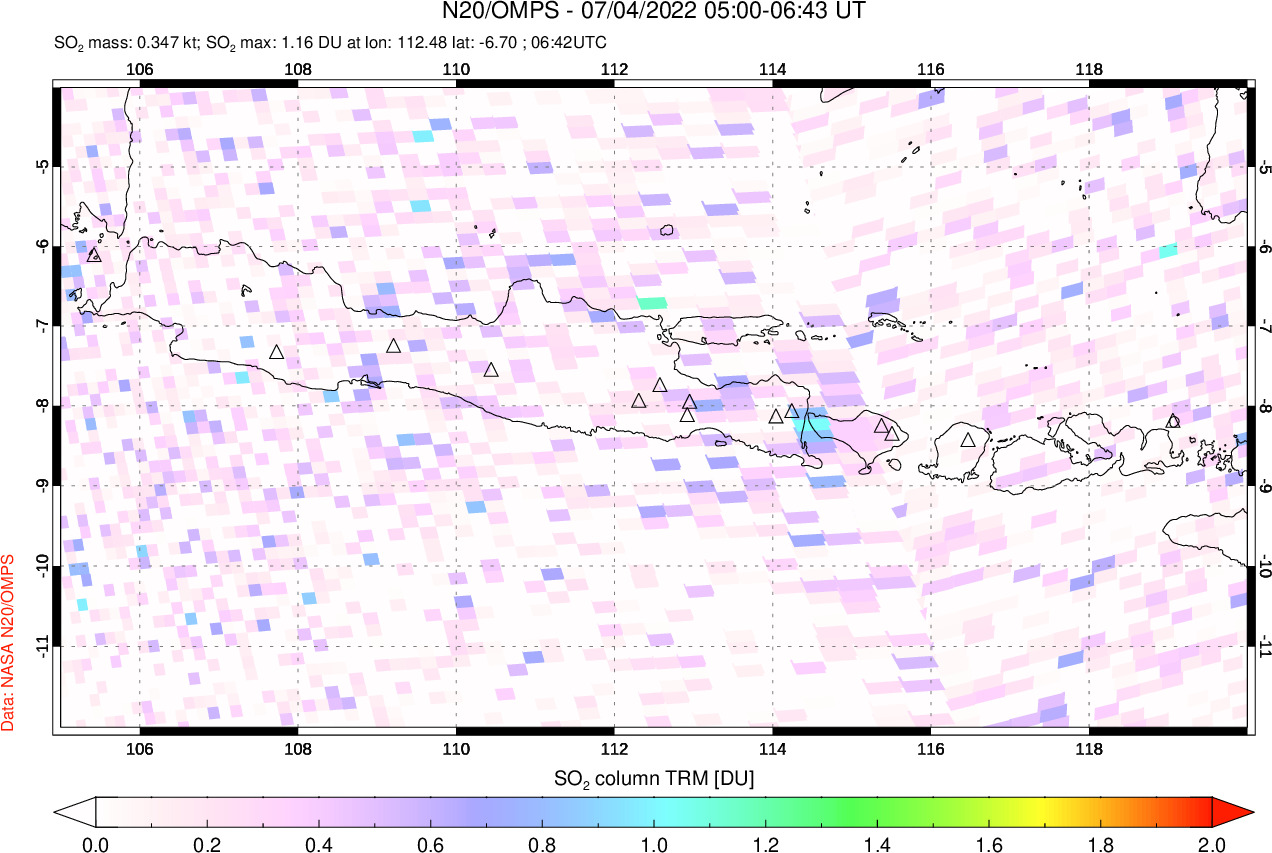 A sulfur dioxide image over Java, Indonesia on Jul 04, 2022.
