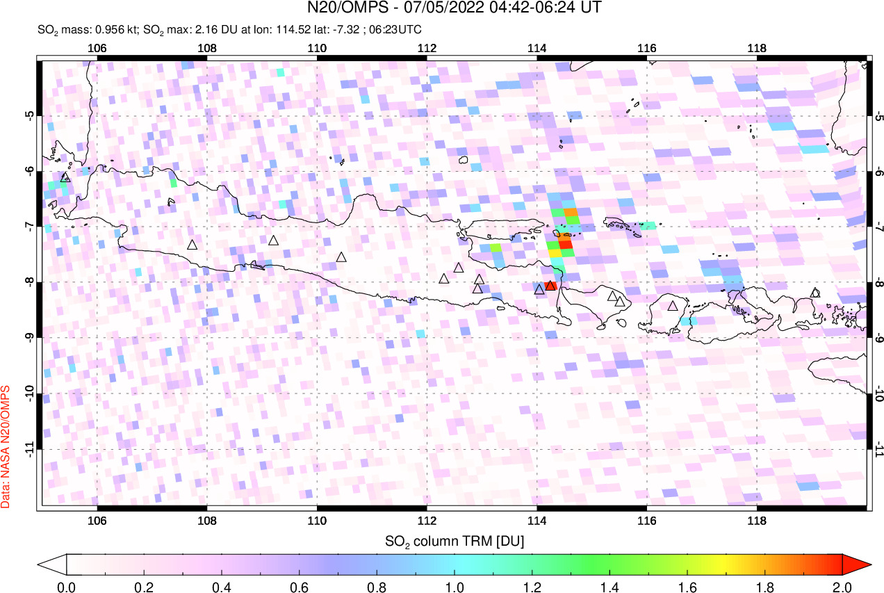 A sulfur dioxide image over Java, Indonesia on Jul 05, 2022.