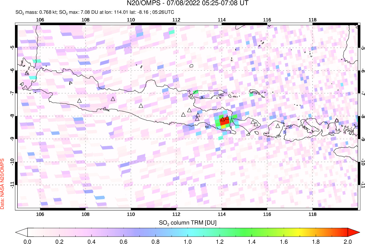 A sulfur dioxide image over Java, Indonesia on Jul 08, 2022.