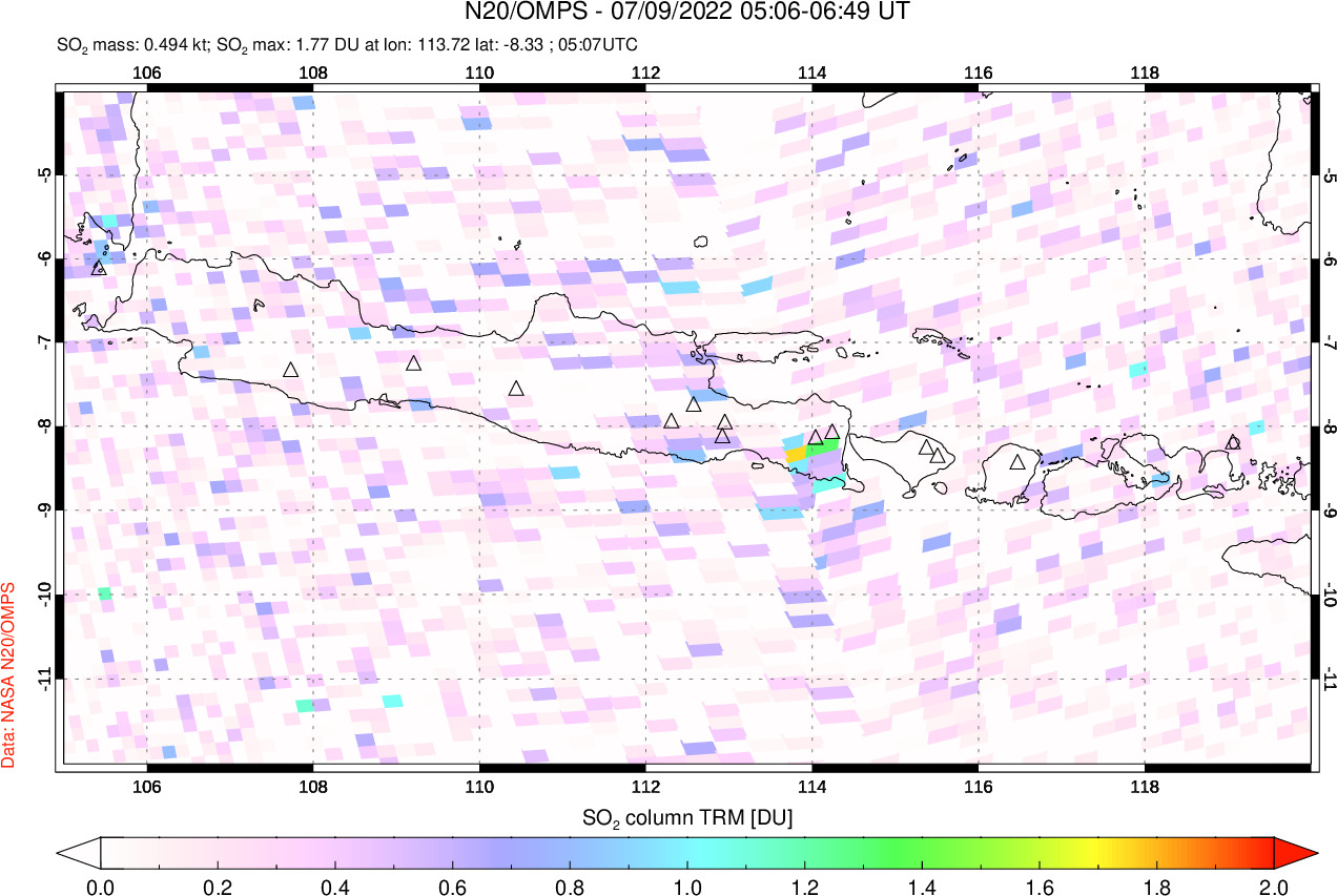 A sulfur dioxide image over Java, Indonesia on Jul 09, 2022.