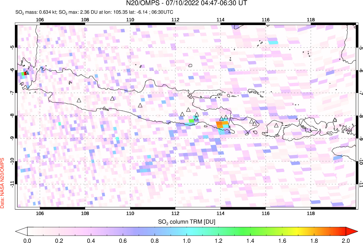 A sulfur dioxide image over Java, Indonesia on Jul 10, 2022.