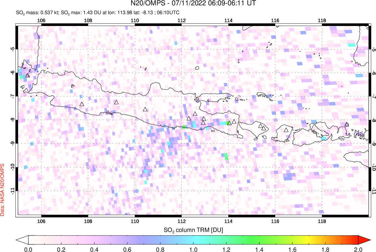 A sulfur dioxide image over Java, Indonesia on Jul 11, 2022.
