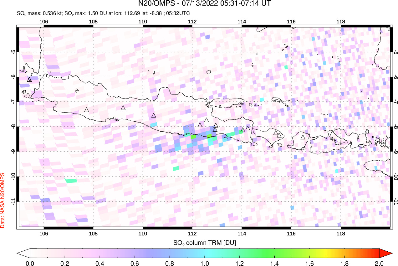 A sulfur dioxide image over Java, Indonesia on Jul 13, 2022.