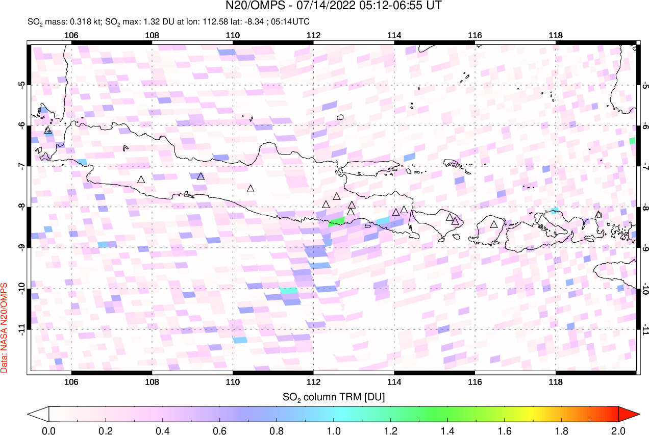 A sulfur dioxide image over Java, Indonesia on Jul 14, 2022.
