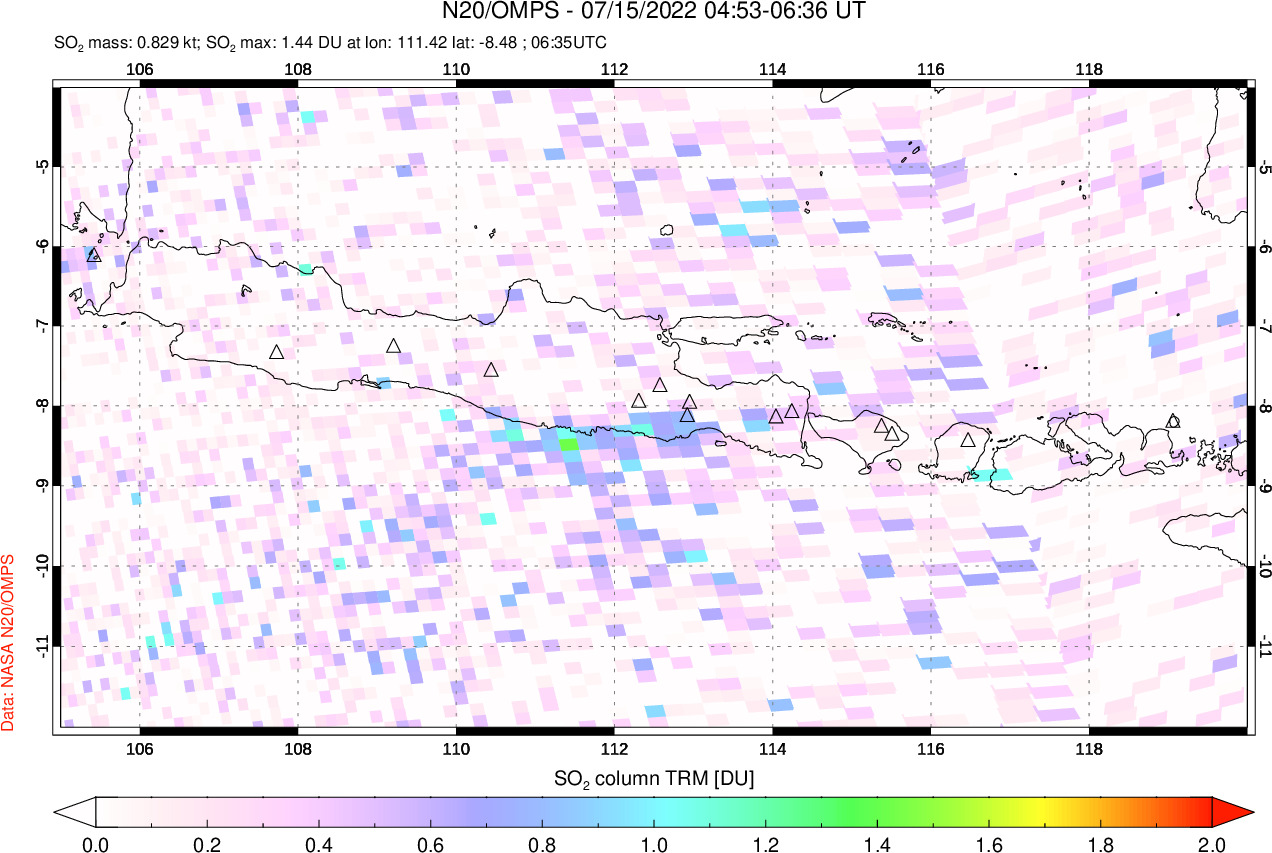 A sulfur dioxide image over Java, Indonesia on Jul 15, 2022.