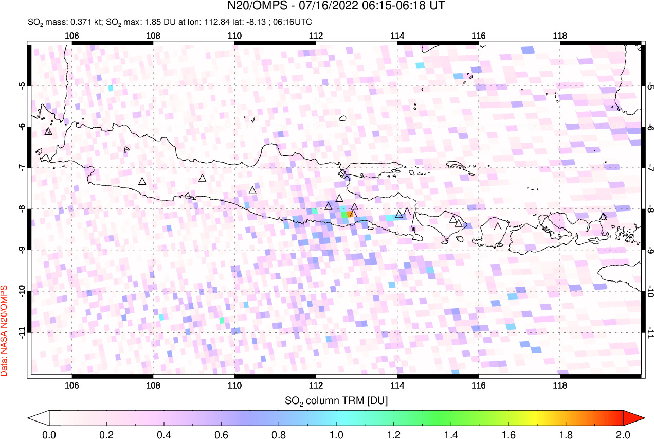 A sulfur dioxide image over Java, Indonesia on Jul 16, 2022.