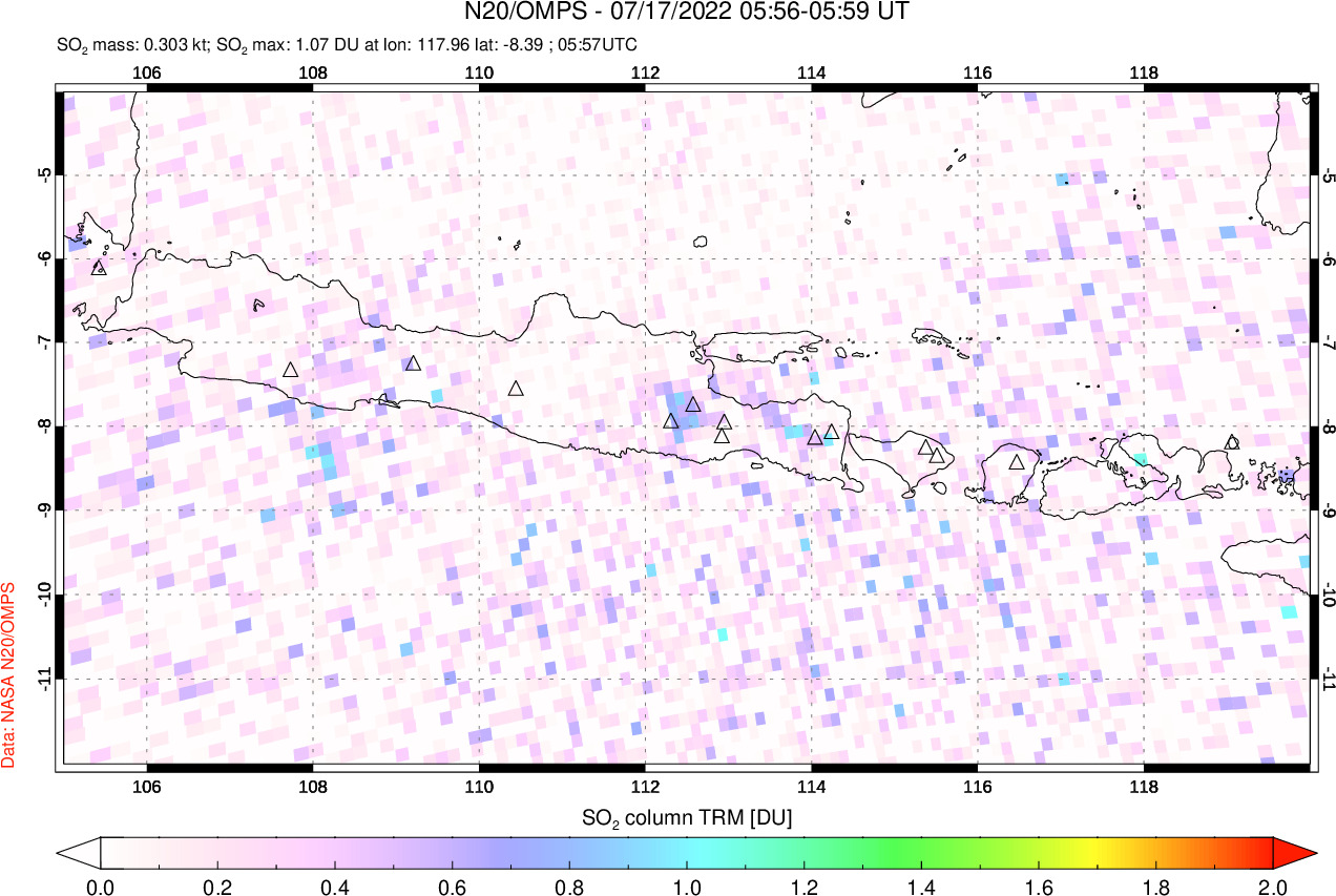 A sulfur dioxide image over Java, Indonesia on Jul 17, 2022.