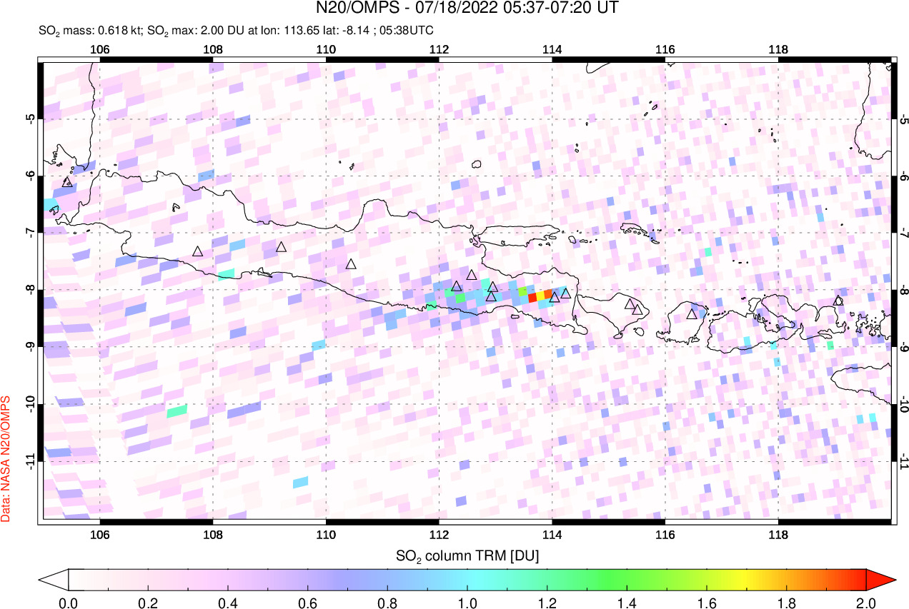 A sulfur dioxide image over Java, Indonesia on Jul 18, 2022.