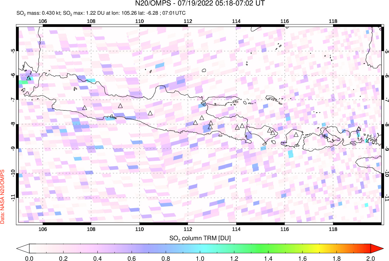 A sulfur dioxide image over Java, Indonesia on Jul 19, 2022.