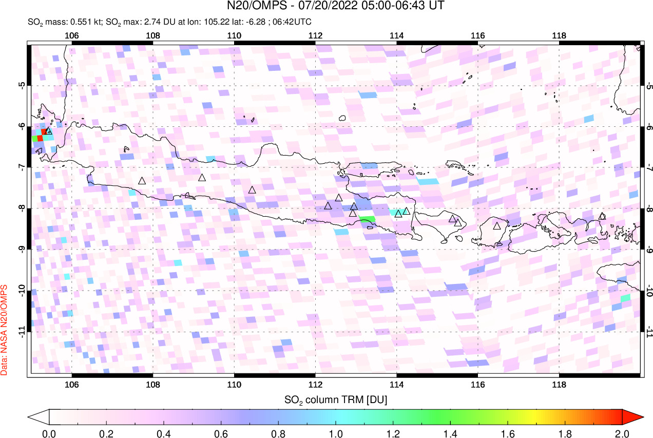 A sulfur dioxide image over Java, Indonesia on Jul 20, 2022.
