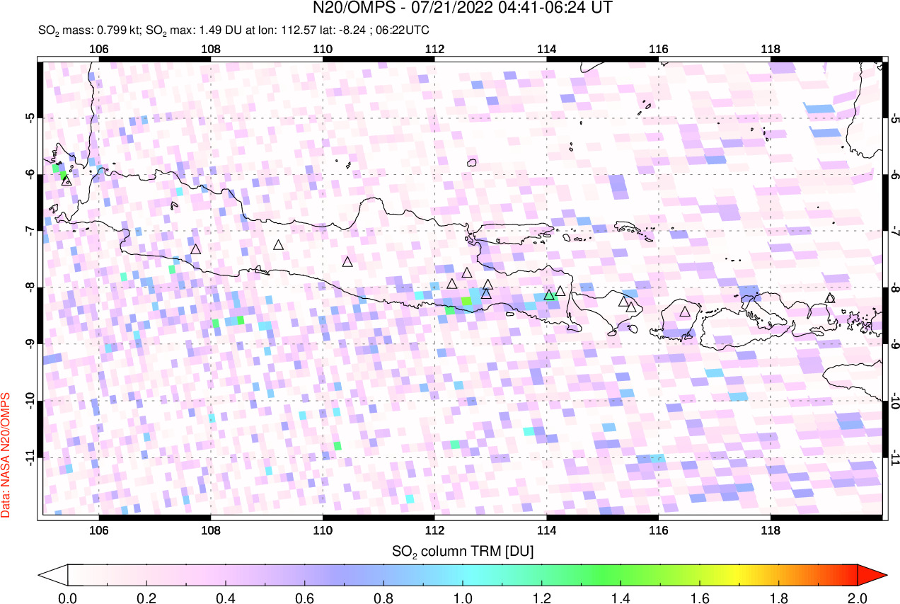A sulfur dioxide image over Java, Indonesia on Jul 21, 2022.