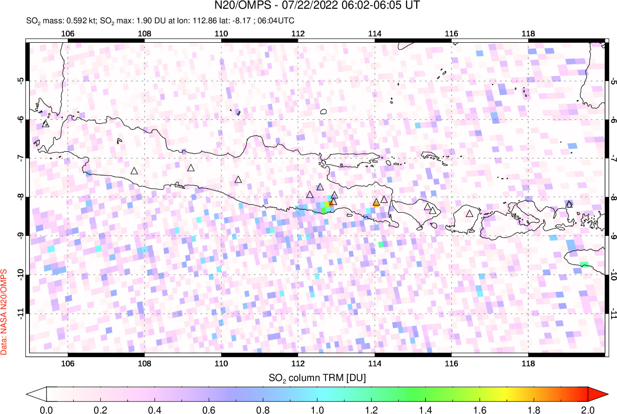 A sulfur dioxide image over Java, Indonesia on Jul 22, 2022.