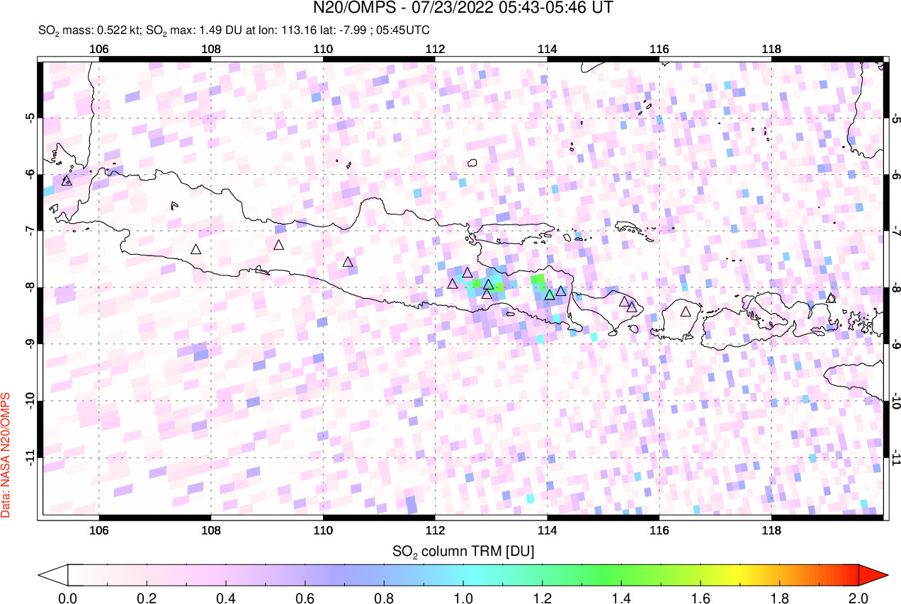 A sulfur dioxide image over Java, Indonesia on Jul 23, 2022.