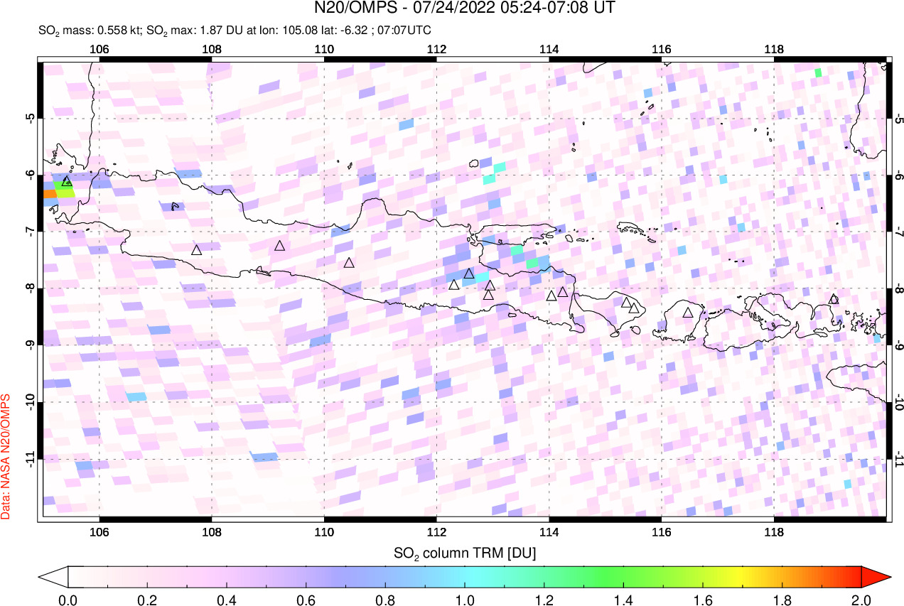 A sulfur dioxide image over Java, Indonesia on Jul 24, 2022.