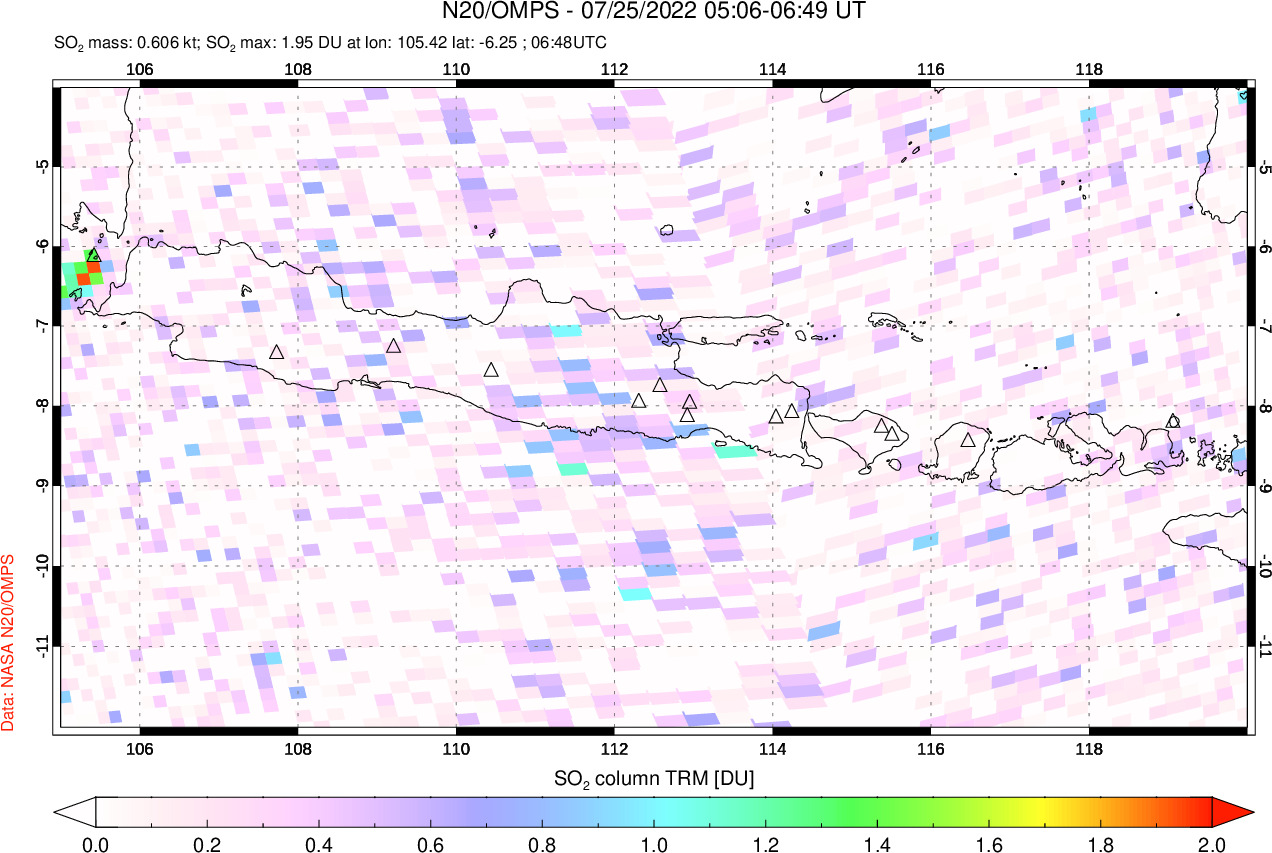 A sulfur dioxide image over Java, Indonesia on Jul 25, 2022.
