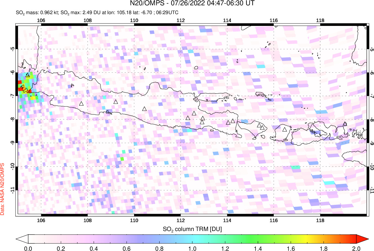 A sulfur dioxide image over Java, Indonesia on Jul 26, 2022.