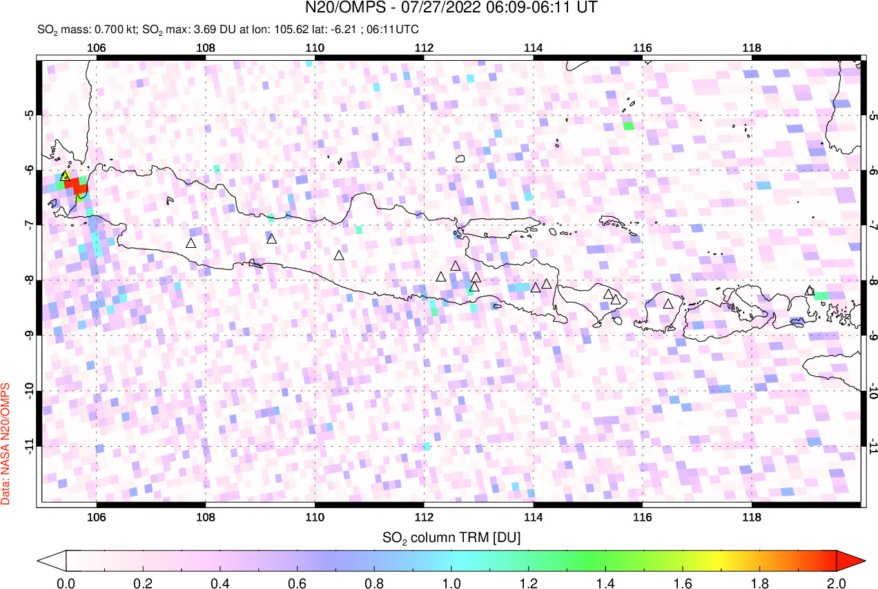 A sulfur dioxide image over Java, Indonesia on Jul 27, 2022.