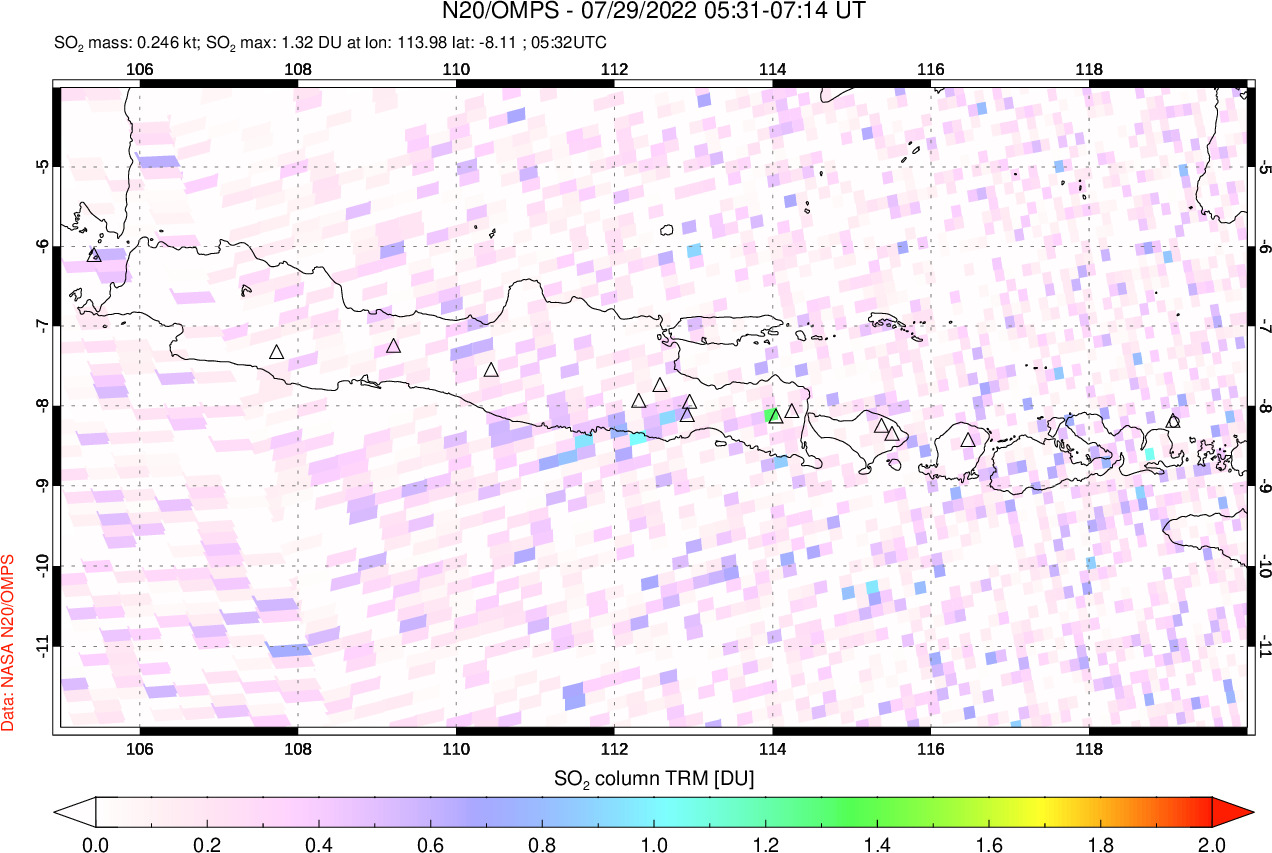 A sulfur dioxide image over Java, Indonesia on Jul 29, 2022.