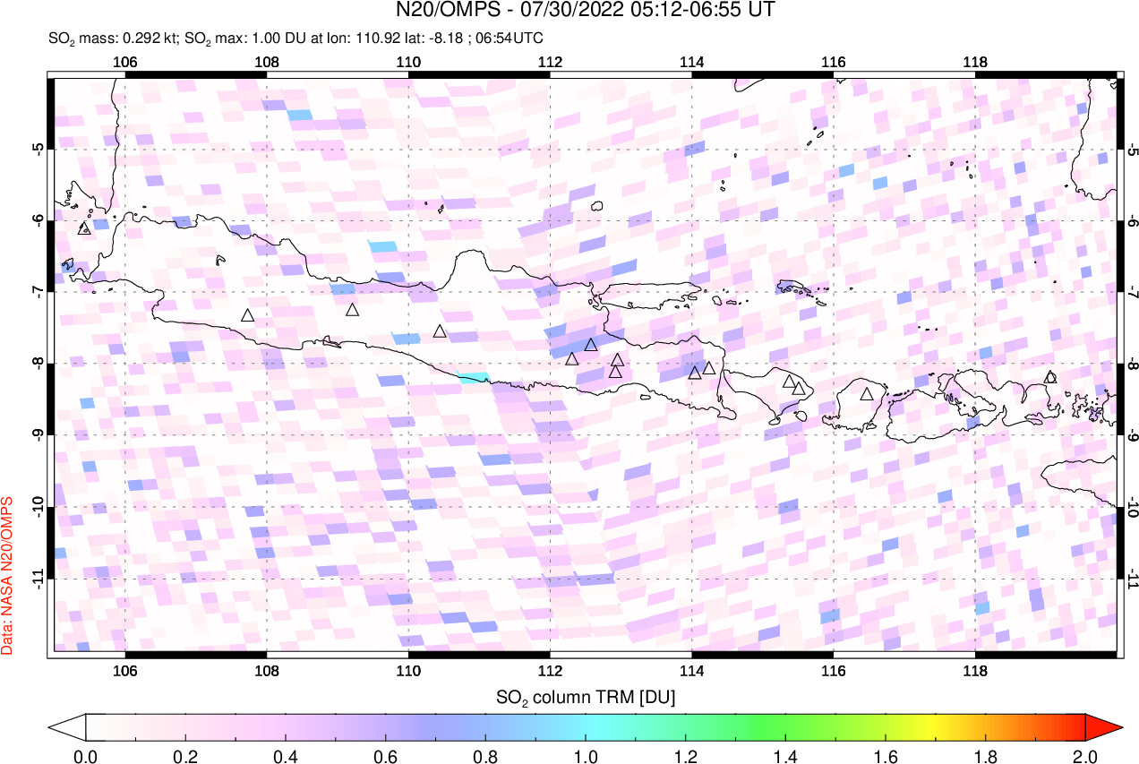 A sulfur dioxide image over Java, Indonesia on Jul 30, 2022.