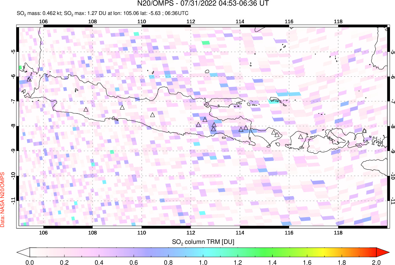 A sulfur dioxide image over Java, Indonesia on Jul 31, 2022.
