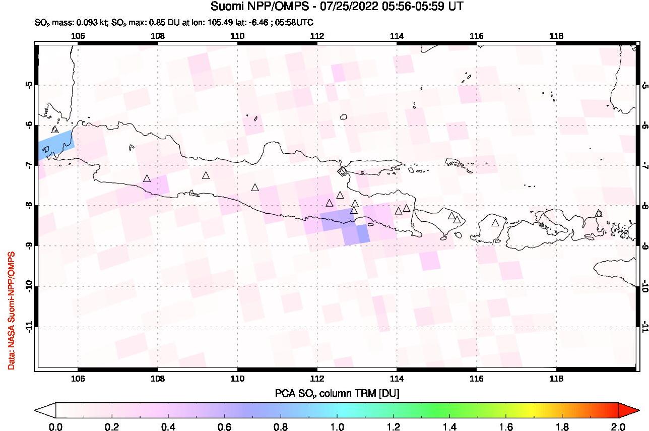 A sulfur dioxide image over Java, Indonesia on Jul 25, 2022.
