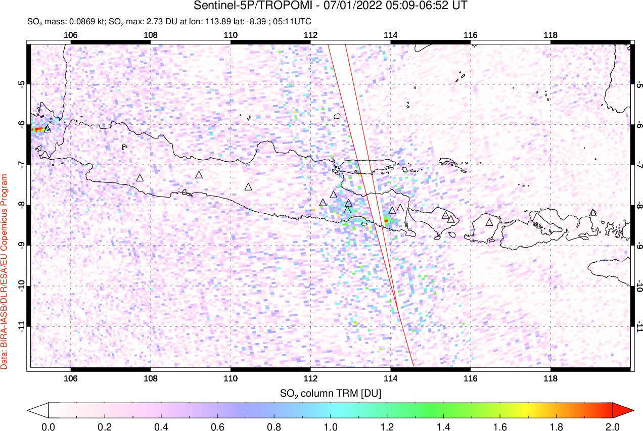 A sulfur dioxide image over Java, Indonesia on Jul 01, 2022.