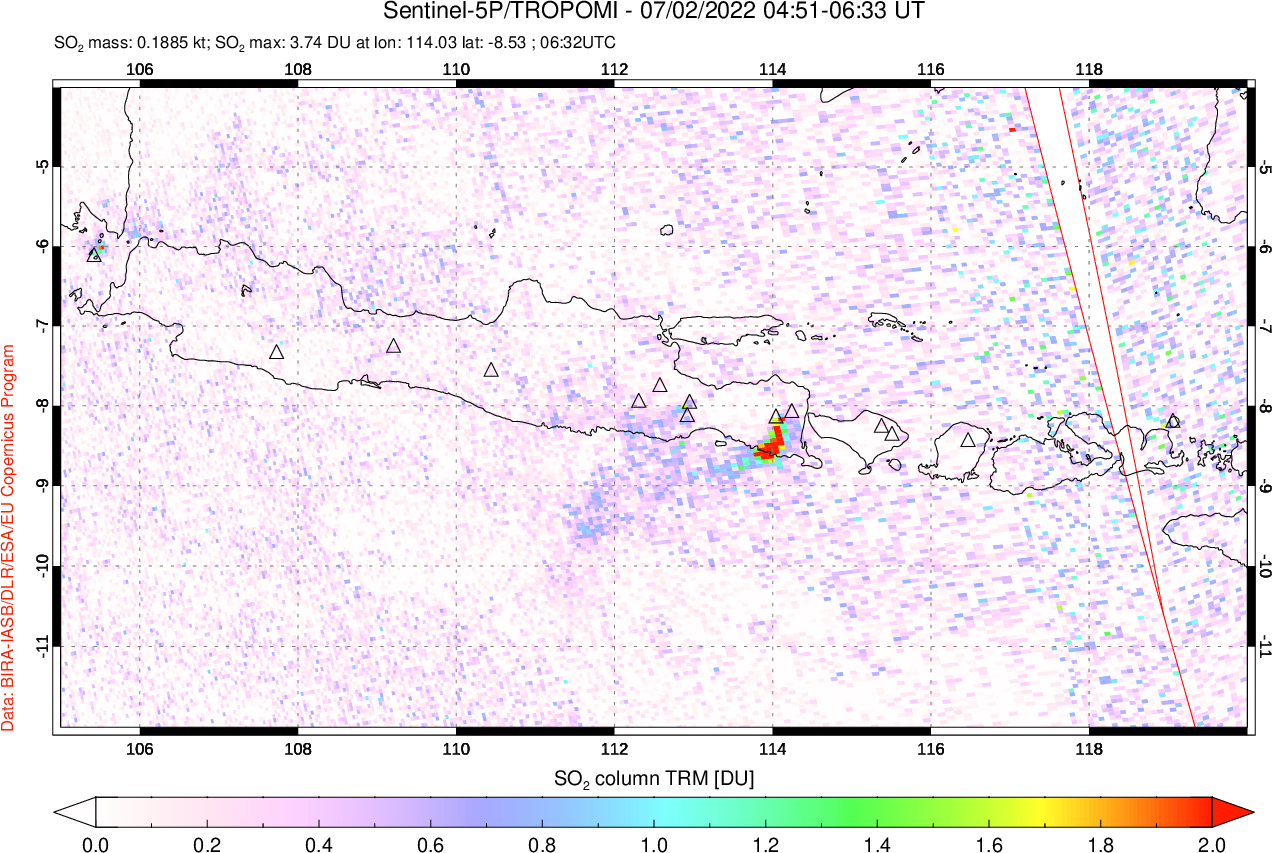 A sulfur dioxide image over Java, Indonesia on Jul 02, 2022.