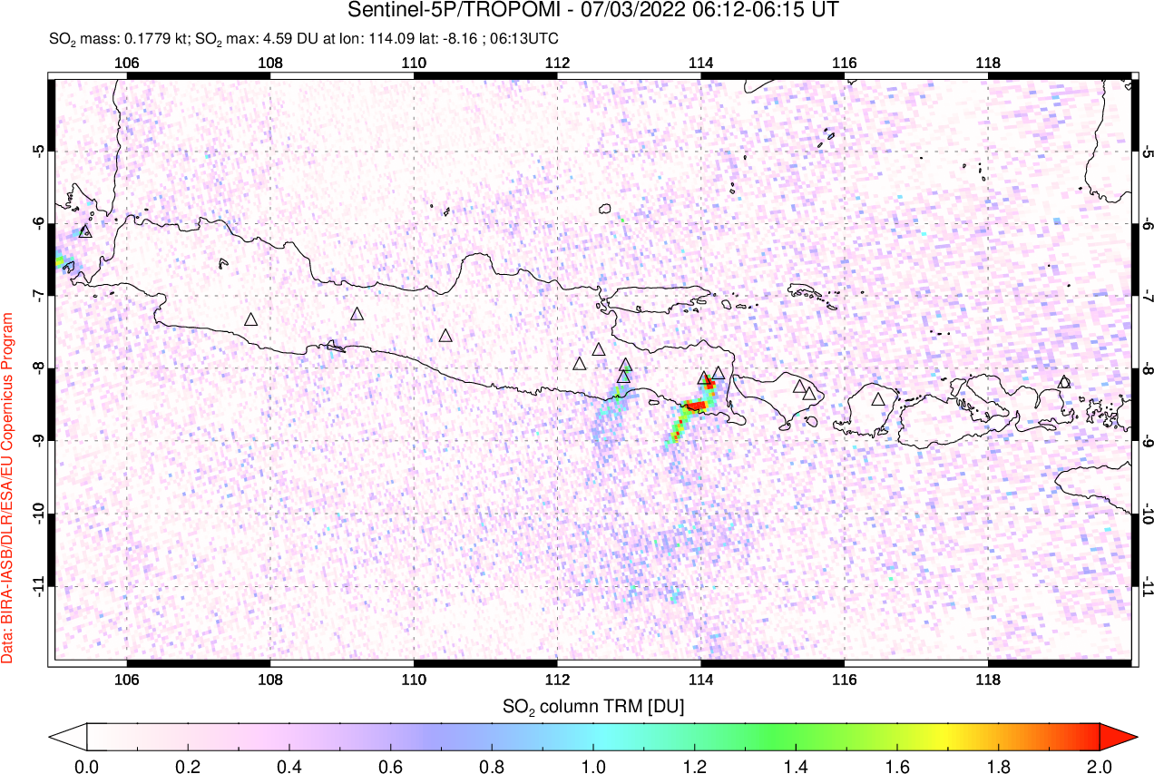 A sulfur dioxide image over Java, Indonesia on Jul 03, 2022.