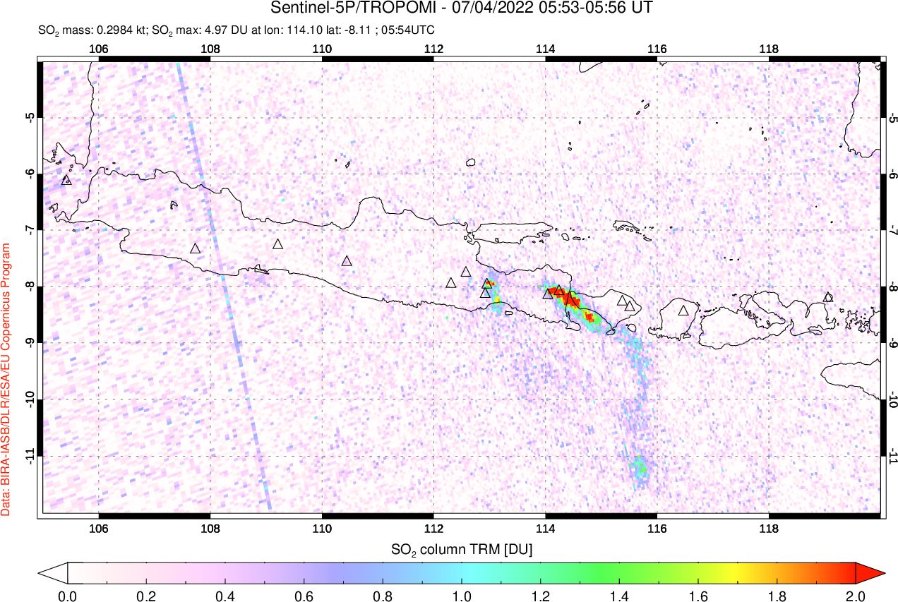 A sulfur dioxide image over Java, Indonesia on Jul 04, 2022.
