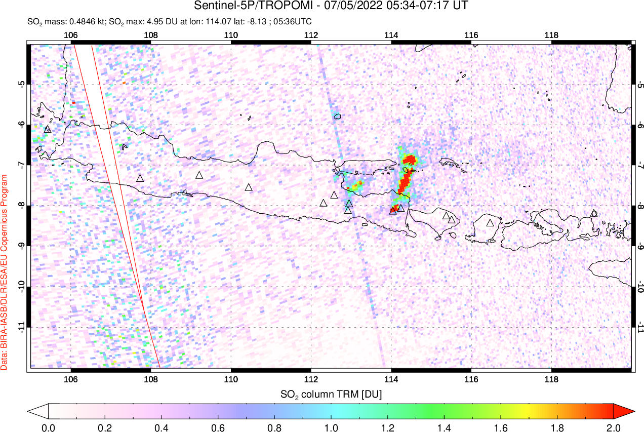 A sulfur dioxide image over Java, Indonesia on Jul 05, 2022.