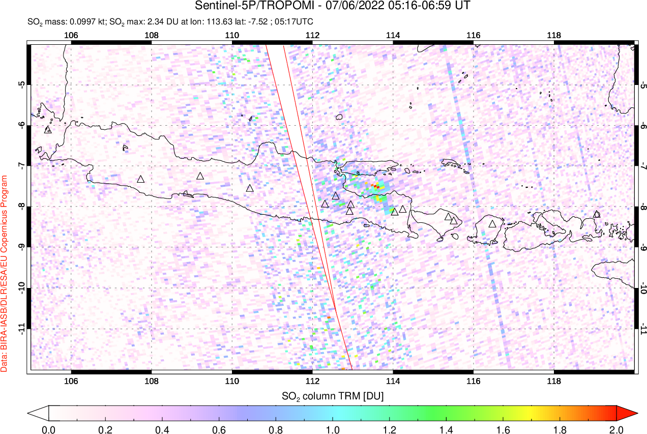 A sulfur dioxide image over Java, Indonesia on Jul 06, 2022.