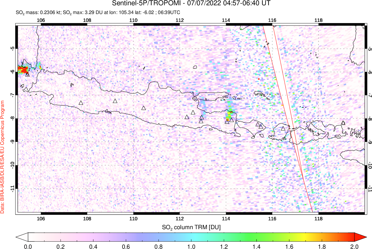 A sulfur dioxide image over Java, Indonesia on Jul 07, 2022.